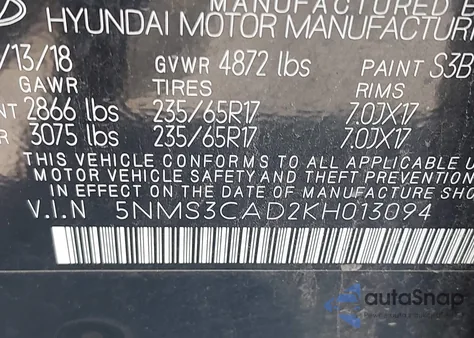 2019 Hyundai Santa Fe Sel z USA, uszkodzony, nr VIN 5NMS3CAD2KH013094